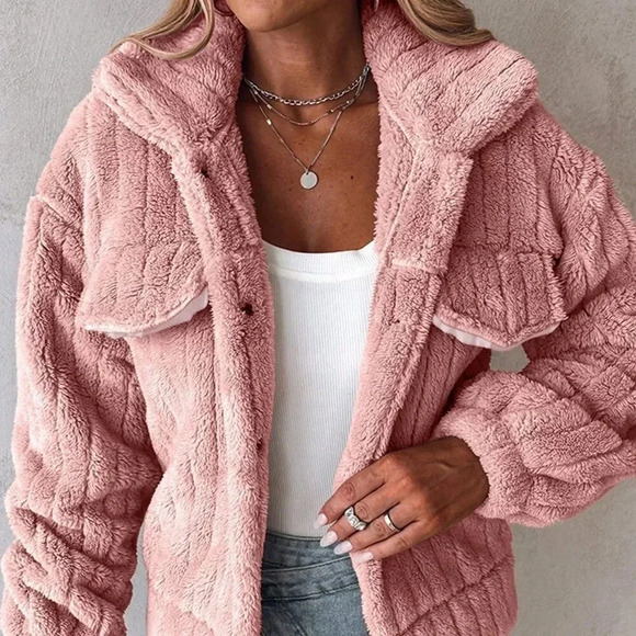Pink Casual Women's Fashion Stand Collar Fuzzy Jacket Coat - Picture 5 of 7